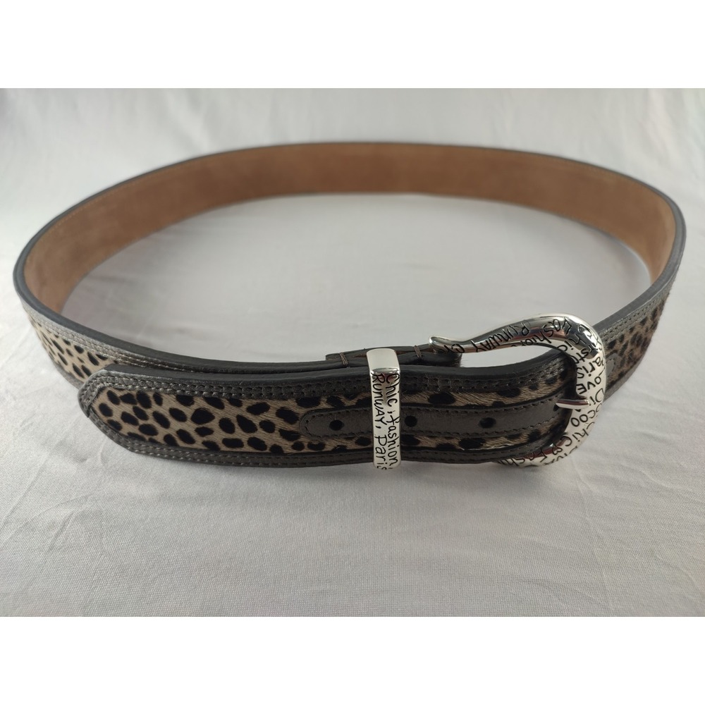 Brighton Leopard Calf Hair Belt L 35-39 Silver Paris Chic Runway Metallic 1.5"